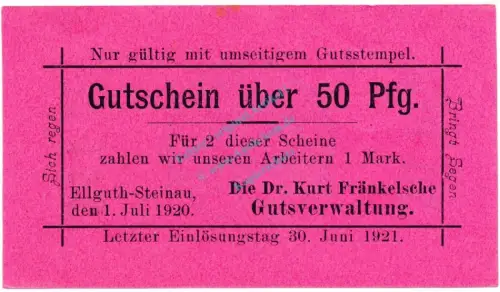 Ellguth-Steinau , Notgeld 50 Pfennig Schein unc-kfr. Ti.1665.05.30 , Schlesien 1920 Verkehrsausgabe