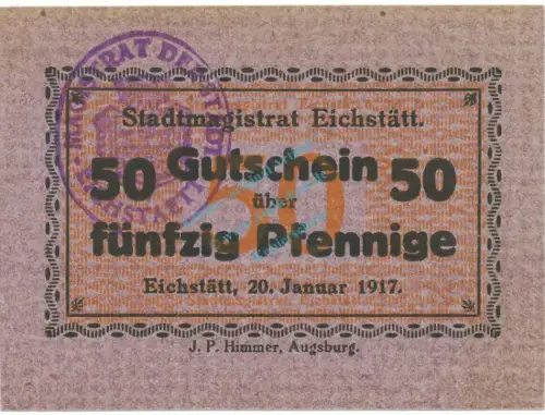 Eichstätt , Notgeld 50 Pfennig Schein unc-kfr. Ti.1605.05.08 , Bayern 1917 Verkehrsausgabe