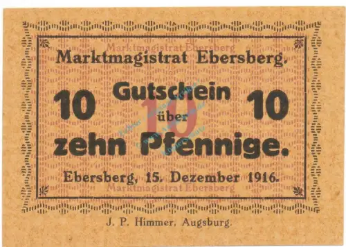 Ebersberg , Notgeld 10 Pfennig Schein unc-kfr. Ti.1560.05.02 , Bayern 1916 Verkehrsausgabe