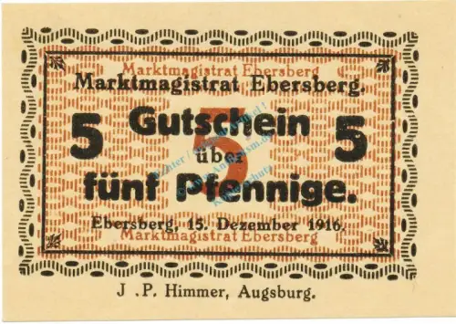 Ebersberg , Notgeld 5 Pfennig Schein unc-kfr. Ti.1560.05.10 , Bayern 1916 Verkehrsausgabe