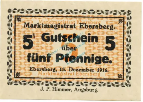 Ebersberg , Notgeld 5 Pfennig Schein unc-kfr. Ti.1560.05.05 , Bayern 1916 Verkehrsausgabe