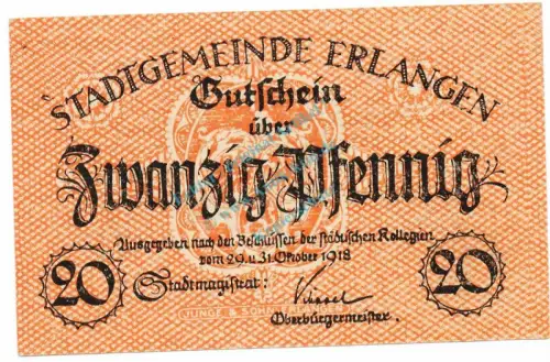 Erlangen , Notgeld 20 Pfennig Schein unc-kfr. Ti.1770.15.41 , Bayern 1918 Verkehrsausgabe