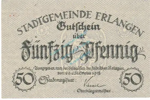 Erlangen , Notgeld 50 Pfennig Schein unc-kfr. Ti.1770.15.42 , Bayern 1918 Verkehrsausgabe