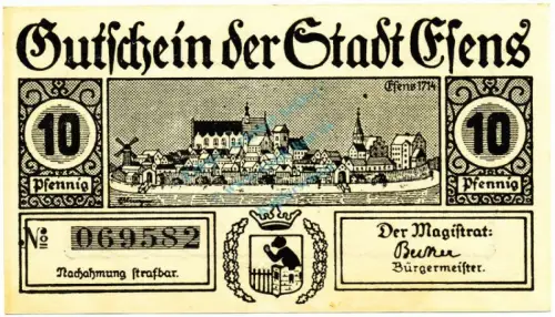 Esens , Notgeld 10 Pfennig Schein unc-kfr. Ti.1795.05.01 , Niedersachsen o.D. Verkehrsausgabe