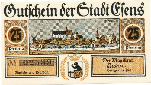 Esens , Notgeld 25 Pfennig Schein unc-kfr. Ti.1795.05.02 , Niedersachsen o.D. Verkehrsausgabe