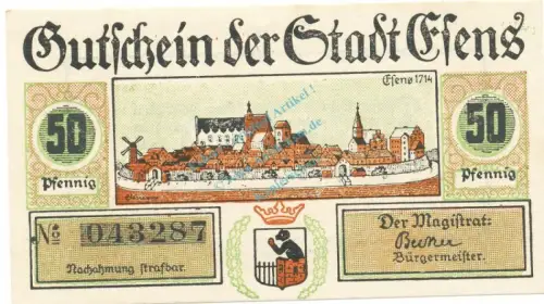 Esens , Notgeld 50 Pfennig Schein unc-kfr. Ti.1795.05.03 , Niedersachsen o.D. Verkehrsausgabe