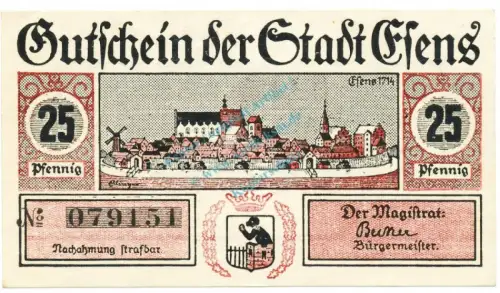 Esens , Notgeld 25 Pfennig Schein unc-kfr. Ti.1795.05.05 , Niedersachsen o.D. Verkehrsausgabe