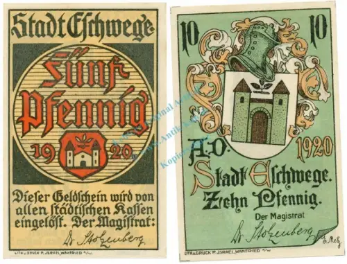 Eschwege , Notgeld Set mit 2 Scheinen unc-kfr. Ti.1785.05.30-31 , Hessen 1920 Verkehrsausgabe