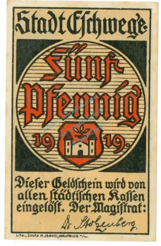 Eschwege , Notgeld 5 Pfennig Schein unc-kfr. Ti.1785.05.25 , Hessen 1919 Verkehrsausgabe