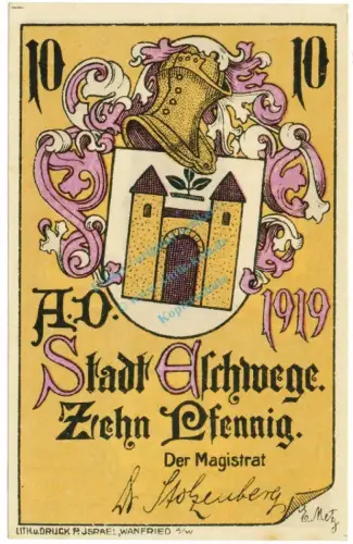 Eschwege , Notgeld 10 Pfennig Schein unc-kfr. Ti.1785.05.26 , Hessen 1919 Verkehrsausgabe