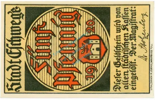Eschwege , Notgeld 5 Pfennig Schein unc-kfr. Ti.1785.05.30 , Hessen 1920 Verkehrsausgabe