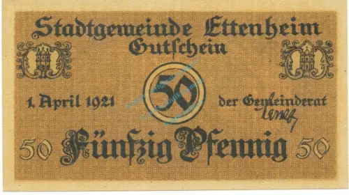 Ettenheim , Notgeld 50 Pfennig Schein unc-kfr. Ti.1815.05.35 , Baden 1921 Verkehrsausgabe