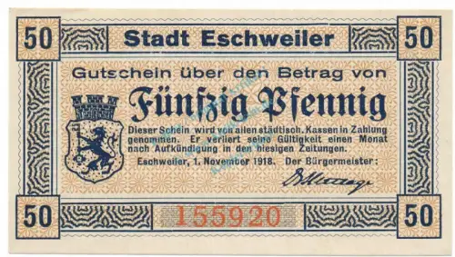 Eschweiler , Notgeld 50 Pfennig Schein unc-kfr. Ti.1790.05.06 , Rheinland 1918 Verkehrsausgabe