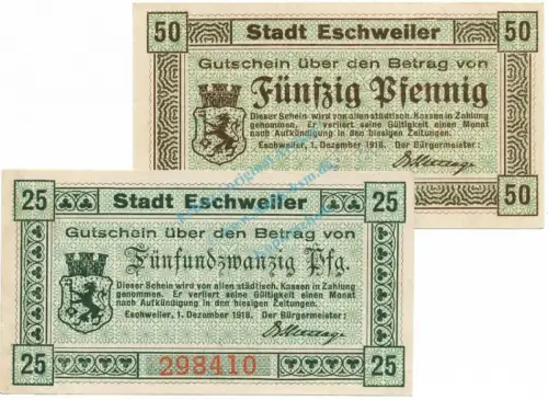 Eschweiler , Notgeld Set mit 2 Scheinen unc-kfr. Ti.1790.05.10-11 , Rheinland 1918 Verkehrsausgabe