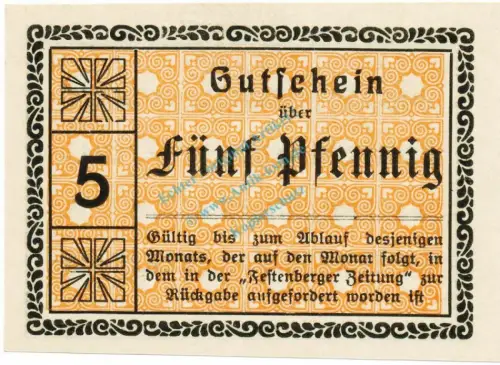 Festenberg , Notgeld 5 Pfennig Schein unc-kfr. Ti.1855.05.30 , Schlesien o.D. Verkehrsausgabe