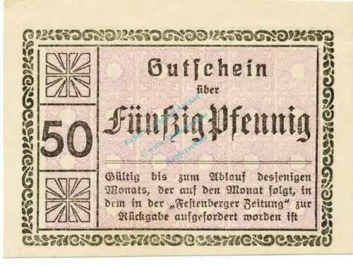 Festenberg , Notgeld 50 Pfennig Schein unc-kfr. Ti.1855.05.32 , Schlesien o.D. Verkehrsausgabe