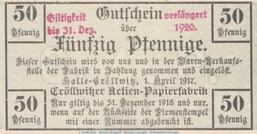Notgeld Aktien Papierfabrik Halle-Cröllwitz 2745.05.15 , 50 Pfennig verlängert in kfr. von 1917 , Sachsen Anhalt Verkehrsausgabe