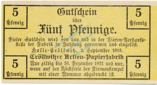 Halle Cröllwitz , Notgeld 5 Pfennig Schein unc-kfr. Ti.2745.05.15 , Sachsen 1919 Verkehrsausgabe