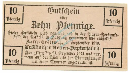 Halle Cröllwitz , Notgeld 10 Pfennig Schein unc-kfr. Ti.2745.05.16 , Sachsen 1919 Verkehrsausgabe