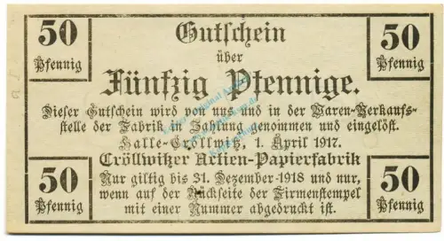 Halle Cröllwitz , Notgeld 50 Pfennig Schein unc-kfr. Ti.2745.05.01 , Sachsen 1917 Verkehrsausgabe