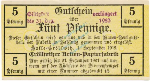 Halle Cröllwitz , Notgeld 5 Pfennig Schein unc-kfr. Ti.2745.05.20 , Sachsen 1919 Verkehrsausgabe