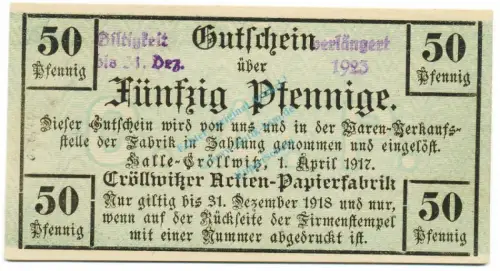 Halle Cröllwitz , Notgeld 50 Pfennig Schein unc-kfr. Ti.2745.05.10 , Sachsen 1917 Verkehrsausgabe
