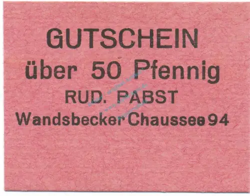 Hamburg , Notgeld 50 Pfennig -R.Pabst- unc-kfr. Ti.2765.370.06 , Hamburg o.D. Verkehrsausgabe