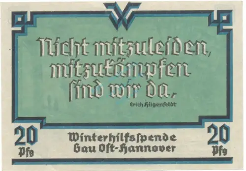 Winterhilfsspende , 20 Pfennig Schein unc-kfr. Gau Ost Hannover , Niedersachsen o.D. Spendenschein
