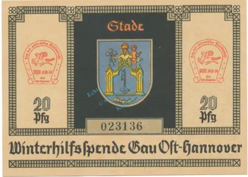Winterhilfsspende , 20 Pfennig -Stade- unc-kfr. Gau Ost Hannover , Niedersachsen o.D. Spendenschein