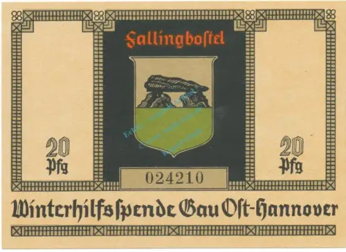 Winterhilfsspende , 20 Pfennig -Fallingbostel- unc-kfr. Gau Ost Hannover , Niedersachsen o.D. Spendenschein