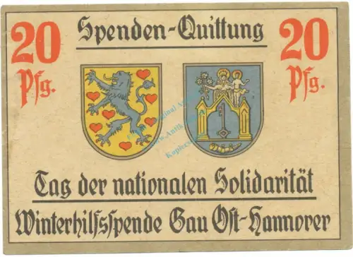 Winterhilfsspende , 20 Pfennig Schein L-gbr. Gau Ost-Hannover , Niedersachsen o.D. Spendenschein