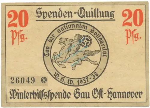 Winterhilfsspende , 20 Pfennig Schein L-gbr. Gau Ost-Hannover , Niedersachsen o.D. Spendenschein
