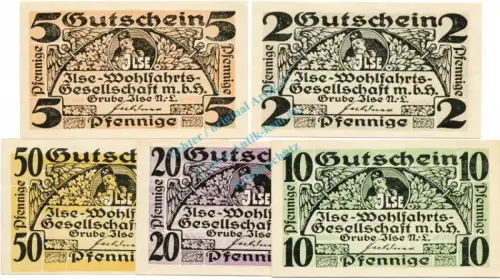 Grube Ilse , Notgeld Set mit 5 Scheinen unc-kfr. Ti.2630.05.35-39 , Brandenburg o.D. Verkehrsausgabe