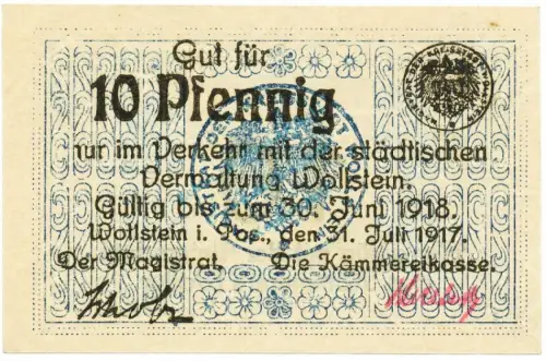 Wollstein , Notgeld 10 Pfennig Schein unc-kfr. Ti.8090.05.15 , Posen 1917 Verkehrsausgabe
