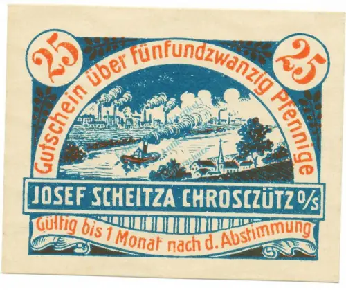 Chrosczütz , Notgeld 25 Pfennig Schein unc-kfr. M-G 230.1.a , Oberschlesien o.D. Seriennotgeld