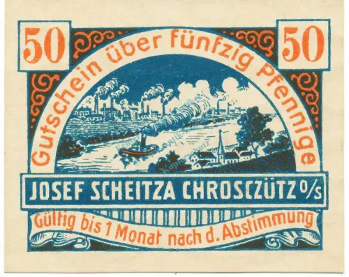 Chrosczütz , Notgeld 50 Pfennig Schein unc-kfr. M-G 230.1.a , Oberschlesien o.D. Seriennotgeld