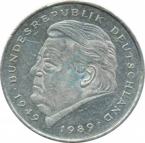 2 Mark Kursmmünze 1990 J -Franz-Josef Strauß- ss-vz , J.450 -0692