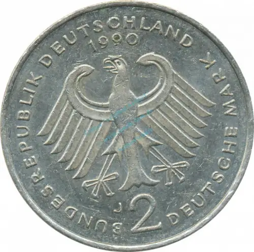 2 Mark Kursmmünze 1990 J -Franz-Josef Strauß- ss-vz , J.450 -0692