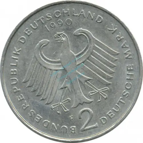 2 Mark Kursmmünze 1990 F -Franz-Josef Strauß- ss-vz , J.450 -0694