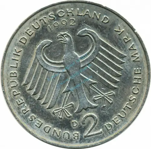 2 Mark Kursmmünze 1992 D -Franz-Josef Strauß- ss-vz , J.450 -0699