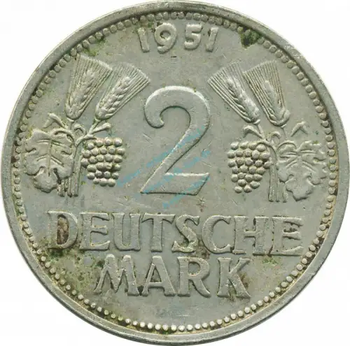 2 Mark Kursmmünze 1951 G -Ähren Weinblätter Trauben- ss , J.386 -0702