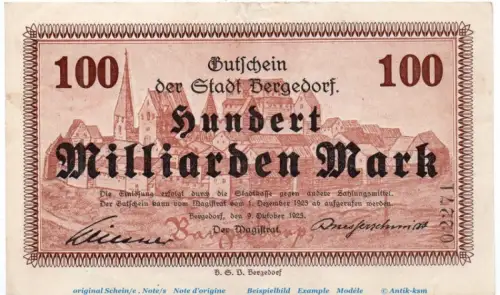Banknote Stadt Bergedorf , 100 Milliarden Mark Schein in gbr. Keller 315.i , von 1923 , Hamburg Großnotgeld Inflation