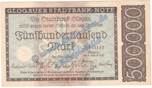 Glogau , Banknote 500.000 Mark Schein in gbr. Keller 1808.a-b Grossnotgeld 1923 Inflation Schlesien