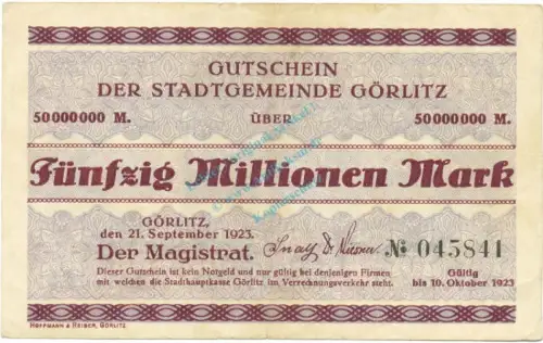 Görlitz , Banknote 50 Millionen Mark Schein in gbr. Keller 1829.o-p , Schlesien 1923 Inflation