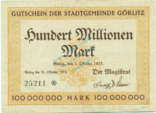 Görlitz , Banknote 100 Millionen Mark Schein in gbr. Keller 1829.q , Schlesien 1923 Inflation