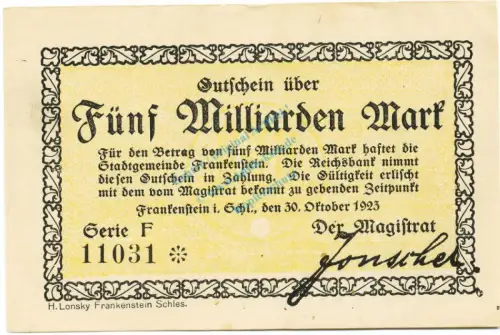 Frankenstein , Banknote 5 Milliarden Mark Schein in gbr. Keller 1518.b-c , Schlesien 1923 Inflation