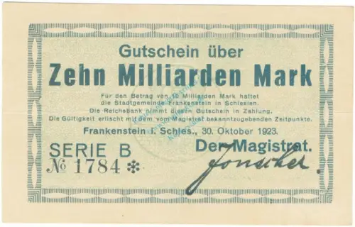Frankenstein , Banknote 10 Milliarden Mark Schein in gbr. Keller 1518.b-c , Schlesien 1923 Inflation