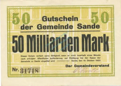 Sande , Banknote 50 Milliarden Mark Schein gbr. Keller 4700.e , Schleswig 1923 Inflation