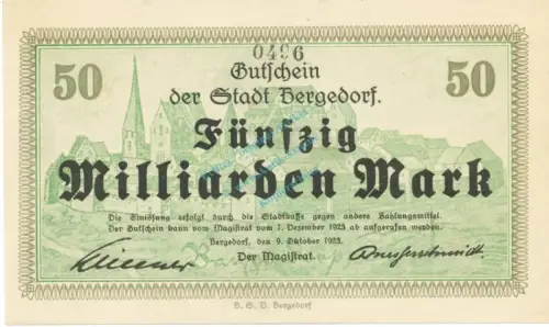 Bergedorf , Banknote 50 Milliarden Mark Schein unc-kfr. Keller 315.h , Hamburg 1923 Inflation