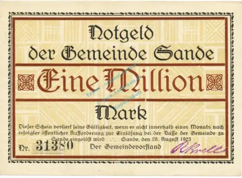 Sande , Banknote 1 Million Mark Schein L-gbr. Keller 4700.c , Schleswig 1923 Inflation